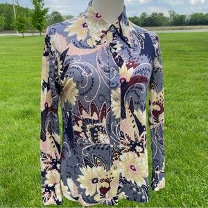 Vintage 70s Wedgewood Paisley Floral Pattern Long Sleeve Dagger Collar Disco Top